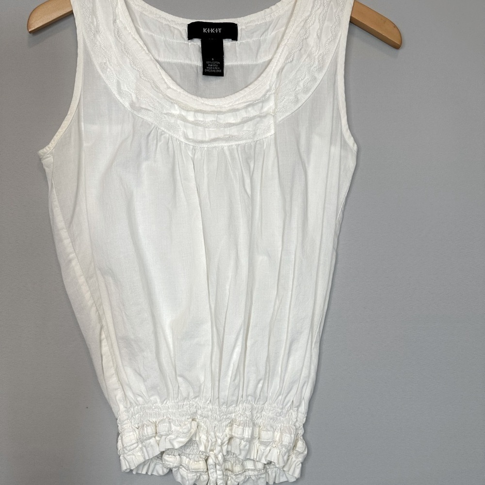 Kikit Womens White Sleeveless Blouse Size S Top Tie Bottom Lace Trim 100% Cotton